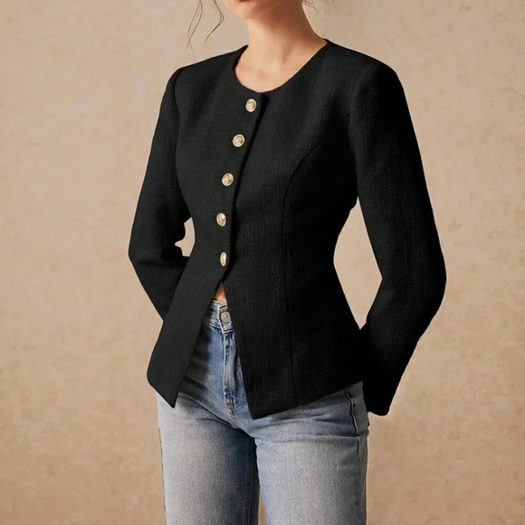 Black Elegant Women's Round Neck Split Cuff Jacket - Picture 5 of 7